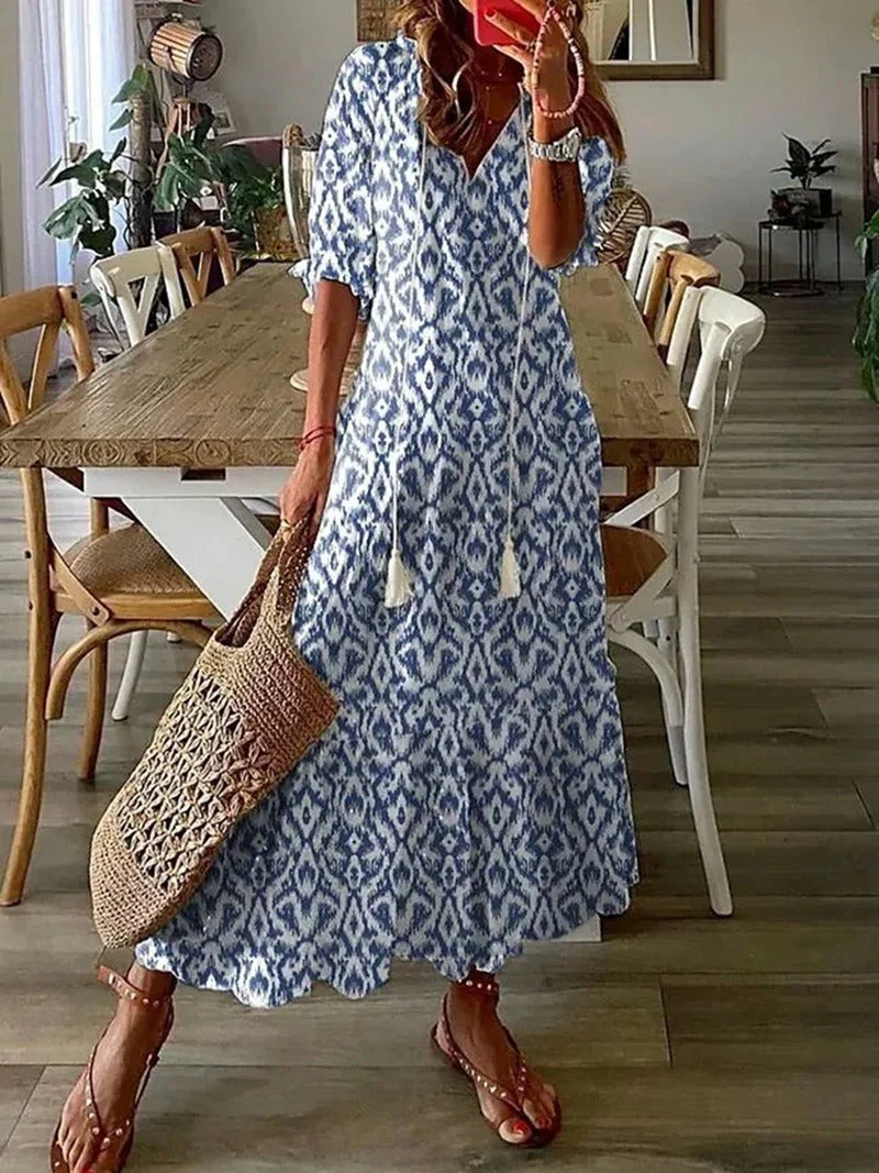 Maxikleid für Damen mit Blumenmuster luftiger Schnitt und V-Ausschnitt