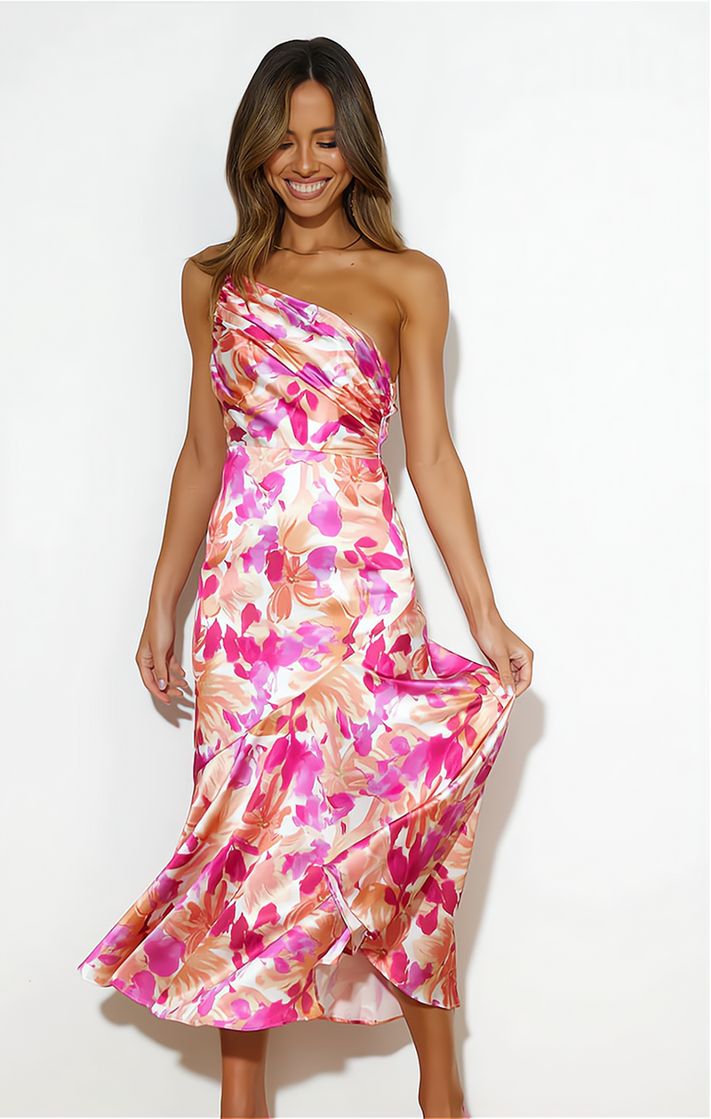 Midi Sommerkleid mit floralem Muster und zartem Träger auf einer Schulter