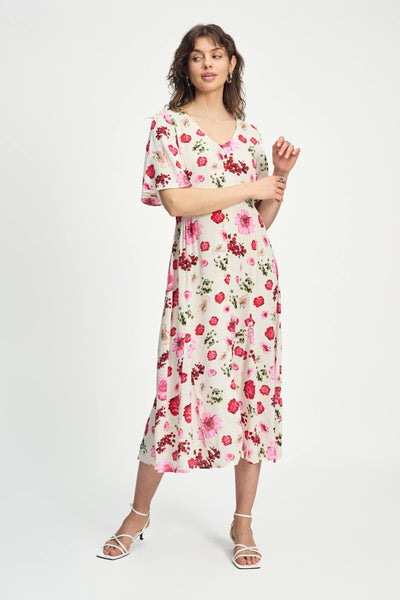 Lässiges Midikleid mit floralem Muster Knopfleiste und kurzen Ärmeln