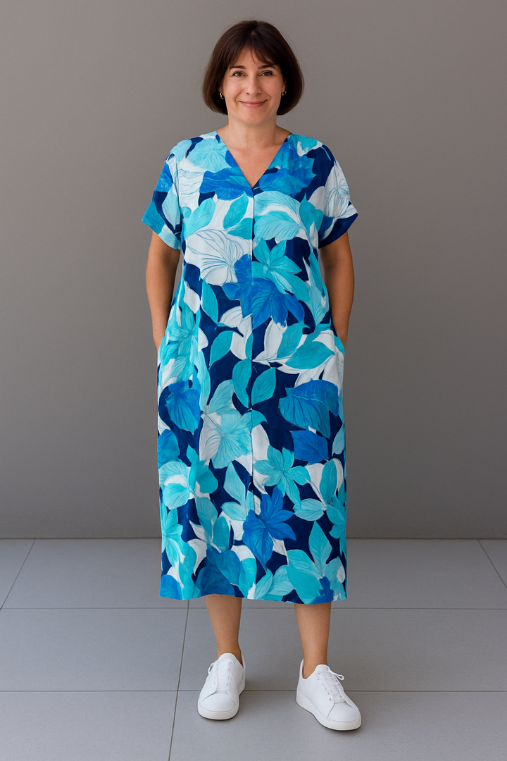 Maxikleid im Kaftanstil mit lebhaftem Muster und kurzen Ärmeln für entspannte Anlässe