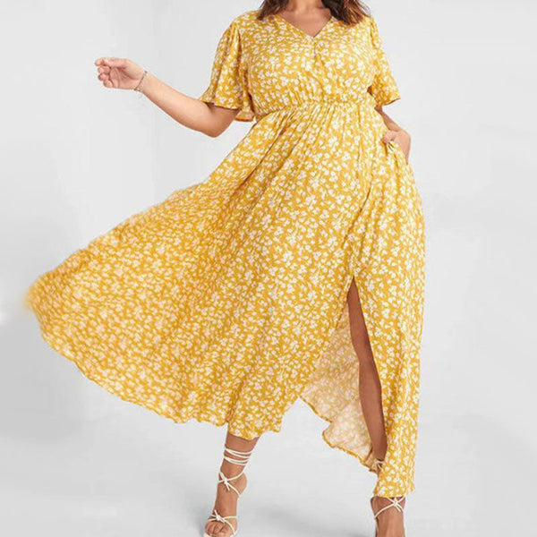 Geblümtes Maxikleid mit Seitenschlitz und kurzen Ärmeln für warme Tage