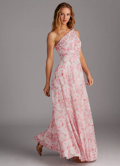 Elegantes Maxikleid mit A-Linie und schrägem Träger in floralem Muster