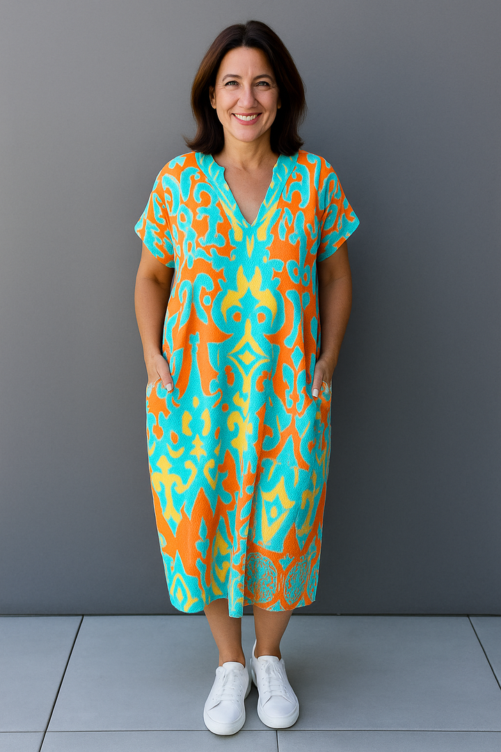 Maxikleid im Kaftanstil mit lebhaftem Muster und kurzen Ärmeln für entspannte Anlässe