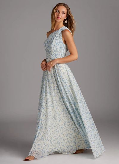 Elegantes Maxikleid mit A-Linie und schrägem Träger in floralem Muster