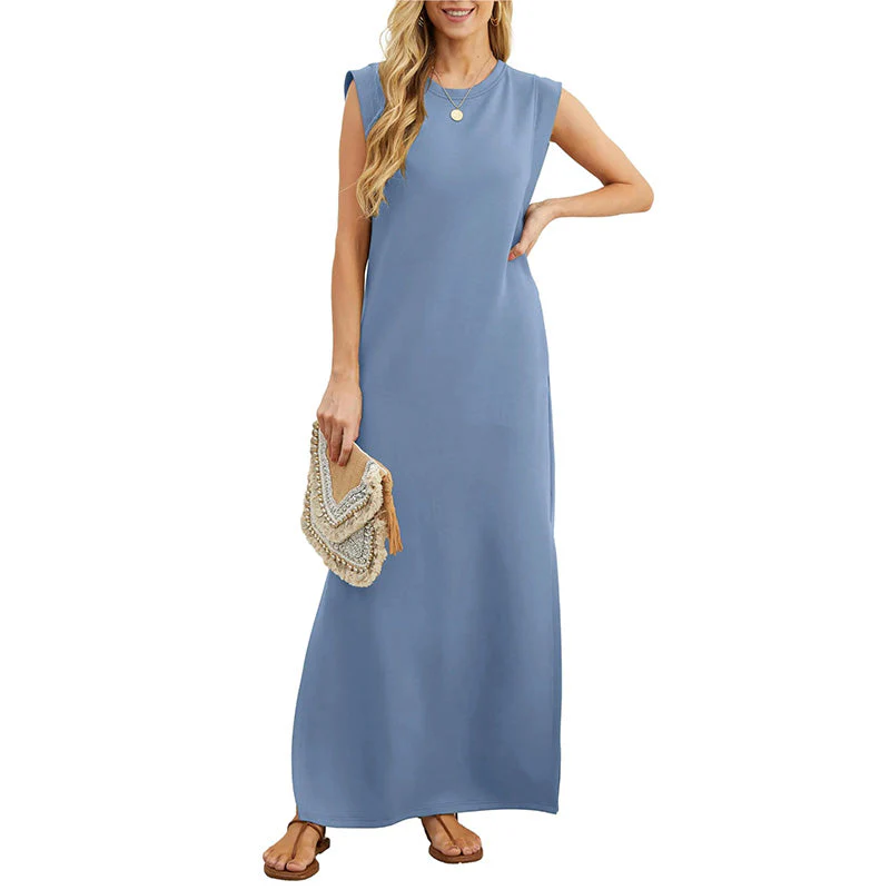 Lässiges langes Damenkleid mit rundem Ausschnitt und ärmellosem Schnitt