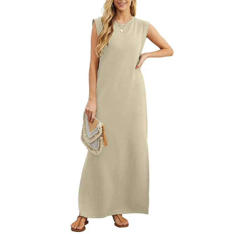 Lässiges langes Damenkleid mit rundem Ausschnitt und ärmellosem Schnitt