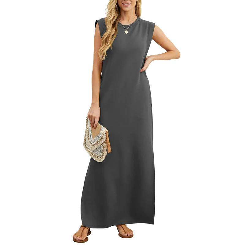 Lässiges langes Damenkleid mit rundem Ausschnitt und ärmellosem Schnitt
