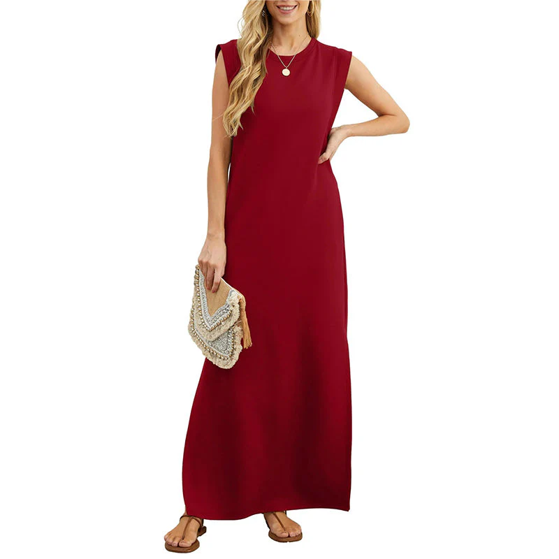 Lässiges langes Damenkleid mit rundem Ausschnitt und ärmellosem Schnitt