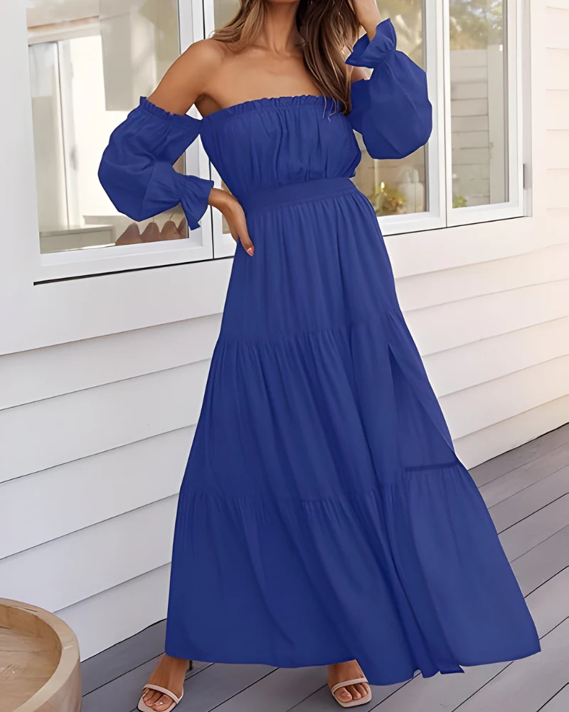 Elegantes Maxikleid für Damen mit schulterfreiem Design und leichtem Schlitz