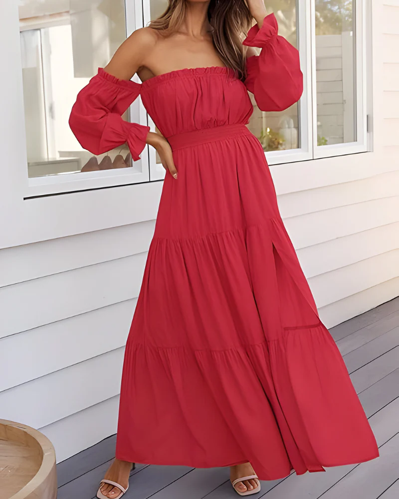 Elegantes Maxikleid für Damen mit schulterfreiem Design und leichtem Schlitz
