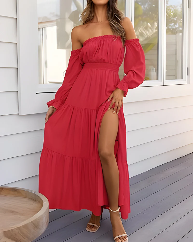 Elegantes Maxikleid für Damen mit schulterfreiem Design und leichtem Schlitz