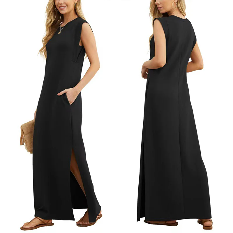 Lässiges langes Damenkleid mit rundem Ausschnitt und ärmellosem Schnitt