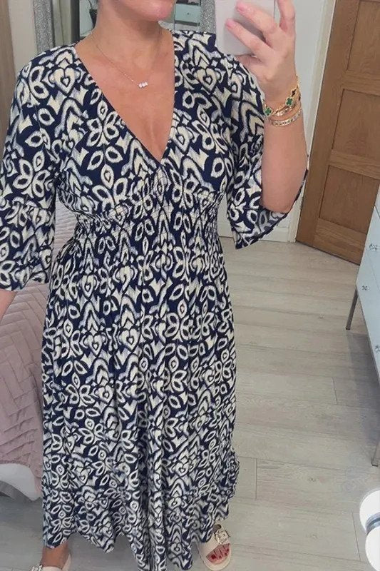 Boho Maxikleid mit sanftem Ausschnitt und mittellangen Ärmeln für besondere Anlässe