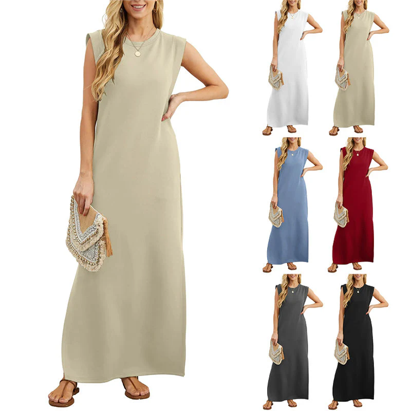 Lässiges langes Damenkleid mit rundem Ausschnitt und ärmellosem Schnitt